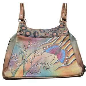Anuschka Butterfly Bamboo Hand Painted Leather Purse Crossbody Shoulder Bag
